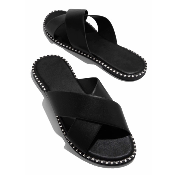 Black X Band Studded Slide Flat Sandals - Picture 4 of 9
